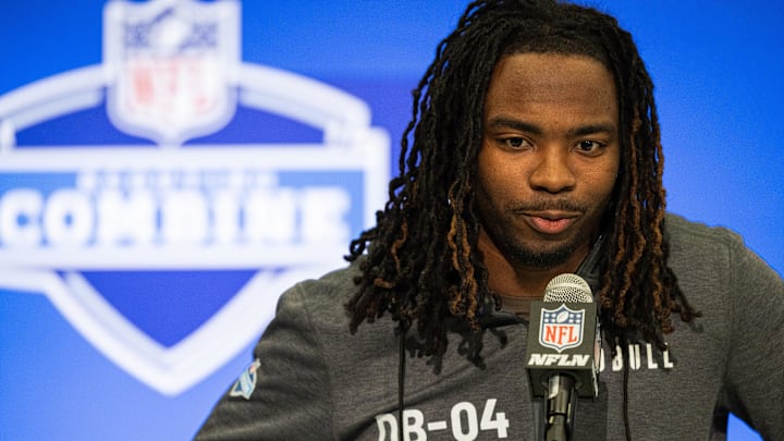 Dallas Cowboys defensive back Caelen Carson talks to the media during the 2024 NFL Combine at Lucas Oil Stadium. Dallas Cowboys defensive back Caelen Carson talks to the media during the 2024 NFL Combine at Lucas Oil Stadium.