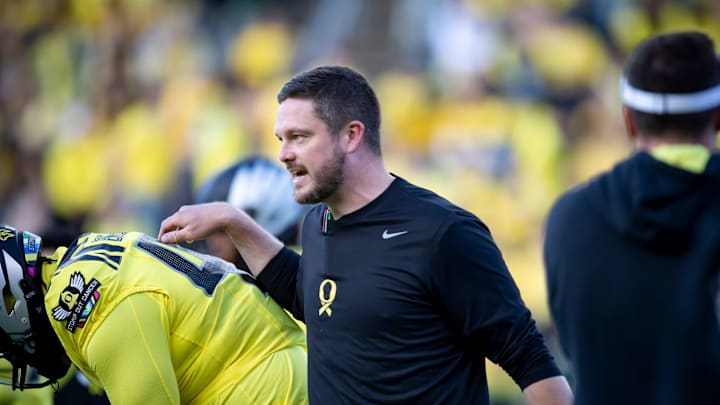 Oregon Ducks head coach Dan Lanning walks the field during warmups as the Ducks host the Spartans Friday, Oct. 4, 2024 at Autzen Stadium in Eugene, Ore.