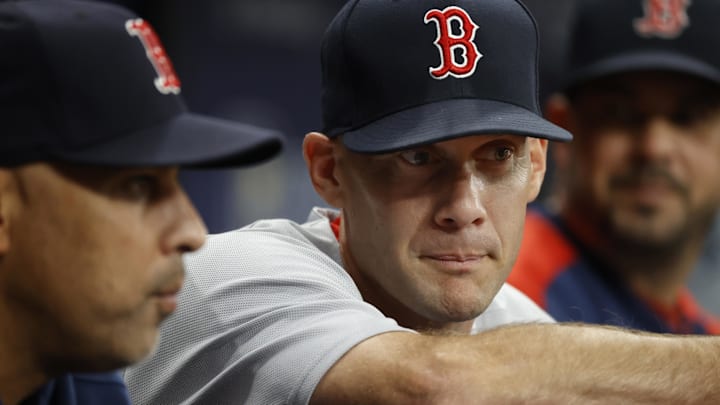 Boston Red Sox hitting coach Tim Hyers (51) looks on against the Tampa Bay Rays during the first inning at Tropicana Field in 2021. Boston Red Sox hitting coach Tim Hyers (51) looks on against the Tampa Bay Rays during the first inning at Tropicana Field in 2021.