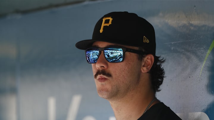 Pittsburgh Pirates pitcher Paul Skenes (30) looks on from the dugout against the Kansas City Royals during the eighth inning at PNC Park on Sept 14.
