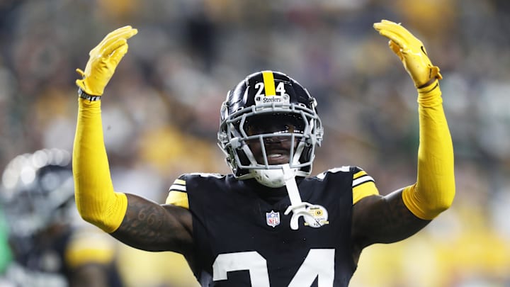 Oct 20, 2024; Pittsburgh, Pennsylvania, USA; Pittsburgh Steelers cornerback Joey Porter Jr. (24) gestures against the New York Jets during the second quarter at Acrisure Stadium. Oct 20, 2024; Pittsburgh, Pennsylvania, USA; Pittsburgh Steelers cornerback Joey Porter Jr. (24) gestures against the New York Jets during the second quarter at Acrisure Stadium.