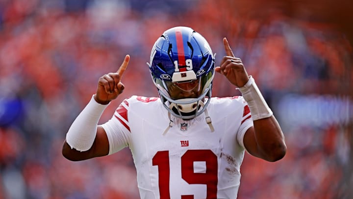 Oct 19, 2025; Denver, Colorado, USA; New York Giants quarterback Jameis Winston (19) reacts before the game against the Denver Broncos at Empower Field at Mile High. Oct 19, 2025; Denver, Colorado, USA; New York Giants quarterback Jameis Winston (19) reacts before the game against the Denver Broncos at Empower Field at Mile High.