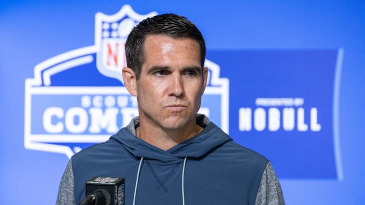 Feb 28, 2023; Indianapolis, IN, USA; New York Giants general manager Joe Schoen speaks to the press at the NFL Combine at Lucas Oil Stadium.