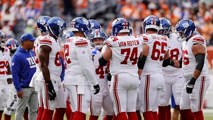 Oct 19, 2025; Denver, Colorado, USA; The New York Giants offensive line up before the game against the Denver Broncos at Empower Field at Mile High.  