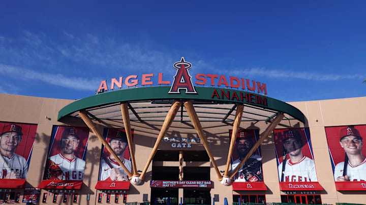 Apr 20, 2025; Anaheim, California, USA; A general overall viewq of the Angel Stadium facade. Mandatory Credit: Kirby Lee-Imagn Images