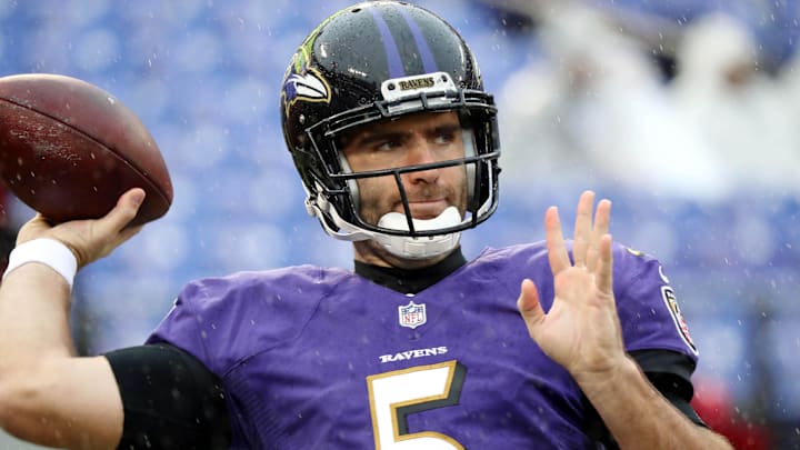 Dec 16, 2018; Baltimore, MD, USA; Baltimore Ravens quarterback Joe Flacco (5) warms up in the rain prior to his first career game as a backup against the Tampa Bay Buccaneers at M&T Bank Stadium. Mandatory Credit: Mitch Stringer-Imagn Images Dec 16, 2018; Baltimore, MD, USA; Baltimore Ravens quarterback Joe Flacco (5) warms up in the rain prior to his first career game as a backup against the Tampa Bay Buccaneers at M&T Bank Stadium. Mandatory Credit: Mitch Stringer-Imagn Images