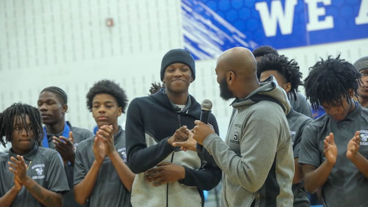 Savannah High Coach George Brown talks about star player Maki Joyner during a State Championship celebration pep rally on Thursday, March 13, 2025 at Savannah High School.