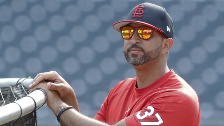 Jul 23, 2024; Pittsburgh, Pennsylvania, USA; St. Louis Cardinals manager Oliver Marmol (37) looks on at the batting cage before a game against the Pittsburgh Pirates at PNC Park. Mandatory Credit: Charles LeClaire-USA TODAY Sports Jul 23, 2024; Pittsburgh, Pennsylvania, USA; St. Louis Cardinals manager Oliver Marmol (37) looks on at the batting cage before a game against the Pittsburgh Pirates at PNC Park. Mandatory Credit: Charles LeClaire-USA TODAY Sports