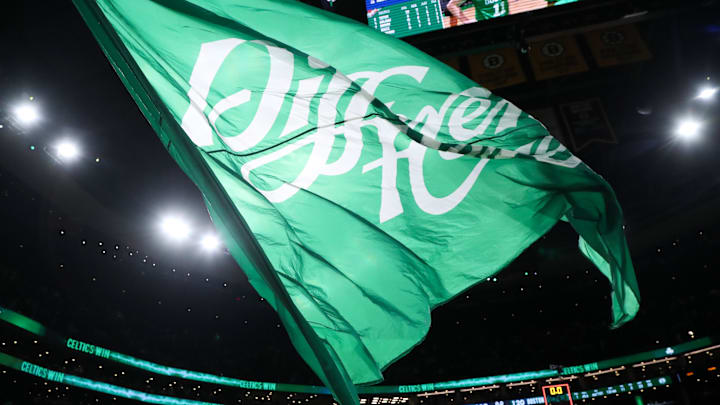 Jan 12, 2025; Boston, Massachusetts, USA; A Boston Celtics banner is waved after defeating the New Orleans Pelicans at TD Garden. Mandatory Credit: Paul Rutherford-Imagn Images