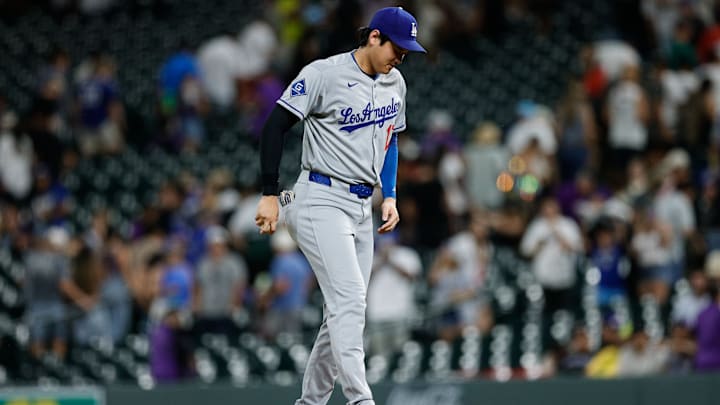 Aug 19, 2025; Denver, Colorado, USA; Los Angeles Dodgers designated hitter Shohei Ohtani (17) on the mound after the game against the Colorado Rockies at Coors Field. Mandatory Credit: Isaiah J. Downing-Imagn Images