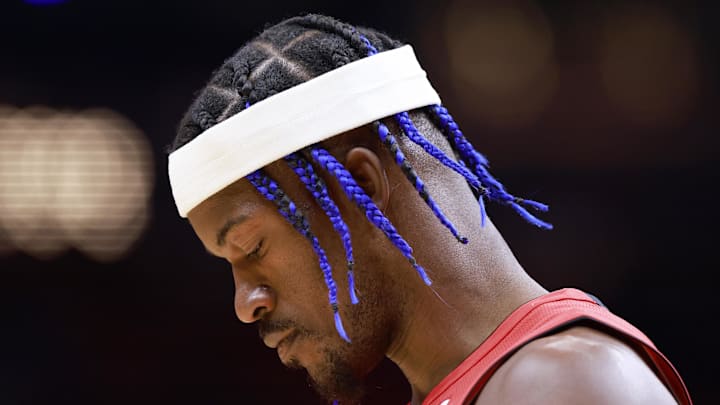 Dec 8, 2024; Miami, Florida, USA; Miami Heat forward Jimmy Butler's (22) looks on before the game against the Cleveland Cavaliers during the first half at Kaseya Center. Mandatory Credit: Rhona Wise-Imagn Images Dec 8, 2024; Miami, Florida, USA; Miami Heat forward Jimmy Butler's (22) looks on before the game against the Cleveland Cavaliers during the first half at Kaseya Center. Mandatory Credit: Rhona Wise-Imagn Images