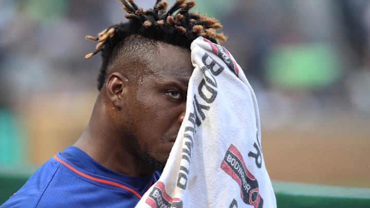 Jun 28, 2025; Pittsburgh, Pennsylvania, USA; New York Mets relief pitcher Huascar Brazoban (43) wipes his face in the dugout after being removed from the game against the Pittsburgh Pirates during the eighth inning at PNC Park. Mandatory Credit: Charles LeClaire-Imagn Images