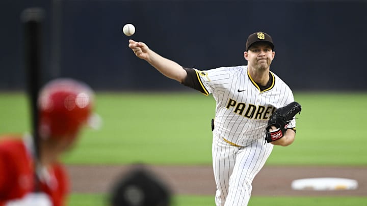 May 12, 2025; San Diego, California, USA; San Diego Padres starting pitcher Michael King (34) delivers during the first inning against the Los Angeles Angels at Petco Park. Mandatory Credit: Denis Poroy-Imagn Images