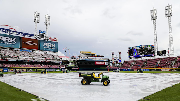 May 26, 2024; Cincinnati, Ohio, USA; A general view of the tarp on the field during a rain delay in the sixth inning in the game between the Los Angeles Dodgers and the Cincinnati Reds at Great American Ball Park. Mandatory Credit: Katie Stratman-Imagn Images May 26, 2024; Cincinnati, Ohio, USA; A general view of the tarp on the field during a rain delay in the sixth inning in the game between the Los Angeles Dodgers and the Cincinnati Reds at Great American Ball Park. Mandatory Credit: Katie Stratman-Imagn Images
