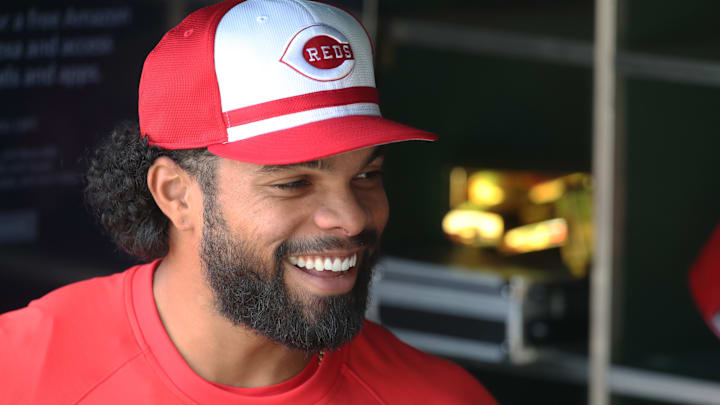 May 19, 2025; Pittsburgh, Pennsylvania, USA; Cincinnati Reds outfielder Rece Hinds (57) reacts in the dugout before the game against the Pittsburgh Pirates at PNC Park. Mandatory Credit: Charles LeClaire-Imagn Images May 19, 2025; Pittsburgh, Pennsylvania, USA; Cincinnati Reds outfielder Rece Hinds (57) reacts in the dugout before the game against the Pittsburgh Pirates at PNC Park. Mandatory Credit: Charles LeClaire-Imagn Images