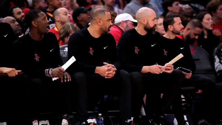 Dec 27, 2023; Houston, Texas, USA; Houston Rockets head coach Ime Udoka sits on the bench during the first quarter against the Phoenix Suns at Toyota Center. Mandatory Credit: Erik Williams-USA TODAY Sports Dec 27, 2023; Houston, Texas, USA; Houston Rockets head coach Ime Udoka sits on the bench during the first quarter against the Phoenix Suns at Toyota Center. Mandatory Credit: Erik Williams-USA TODAY Sports