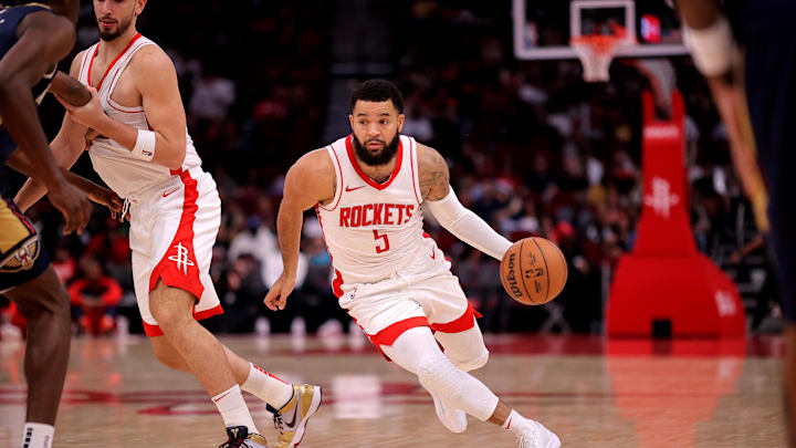 Oct 15, 2024; Houston, Texas, USA; Houston Rockets guard Fred VanVleet (5) handles the ball against the New Orleans Pelicans during the third quarter at Toyota Center. Mandatory Credit: Erik Williams-Imagn Images
