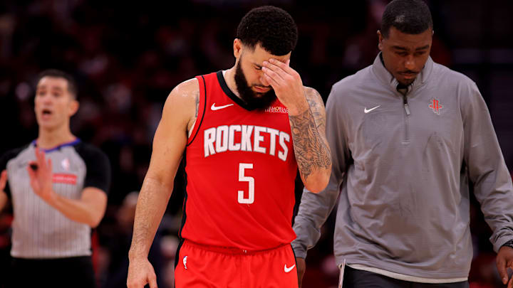 Dec 29, 2024; Houston, Texas, USA; Houston Rockets guard Fred VanVleet (5) is escorted off the court after being ejected against the Miami Heat during the fourth quarter at Toyota Center. Mandatory Credit: Erik Williams-Imagn Images
Dec 29, 2024; Houston, Texas, USA; Houston Rockets guard Fred VanVleet (5) is escorted off the court after being ejected against the Miami Heat during the fourth quarter at Toyota Center. Mandatory Credit: Erik Williams-Imagn Images