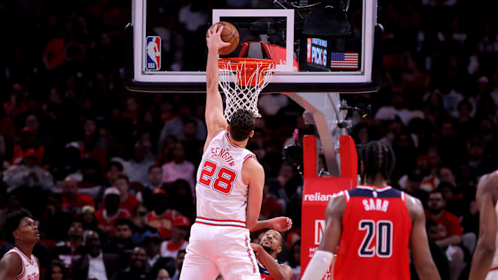 Nov 12, 2025; Houston, Texas, USA; Houston Rockets center Alperen Sengun (28) dunks against the Washington Wizards during the third quarter at Toyota Center. Mandatory Credit: Erik Williams-Imagn Images Nov 12, 2025; Houston, Texas, USA; Houston Rockets center Alperen Sengun (28) dunks against the Washington Wizards during the third quarter at Toyota Center. Mandatory Credit: Erik Williams-Imagn Images