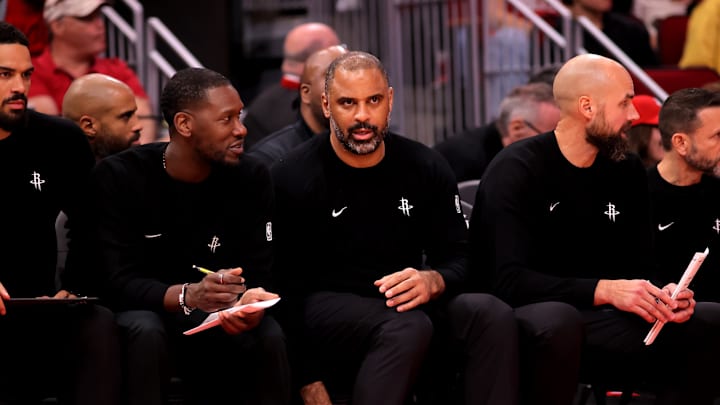 Dec 3, 2025; Houston, Texas, USA; Houston Rockets head coach Ime Udoka on the bench during the first quarter against the Sacramento Kings at Toyota Center. Mandatory Credit: Erik Williams-Imagn Images Dec 3, 2025; Houston, Texas, USA; Houston Rockets head coach Ime Udoka on the bench during the first quarter against the Sacramento Kings at Toyota Center. Mandatory Credit: Erik Williams-Imagn Images