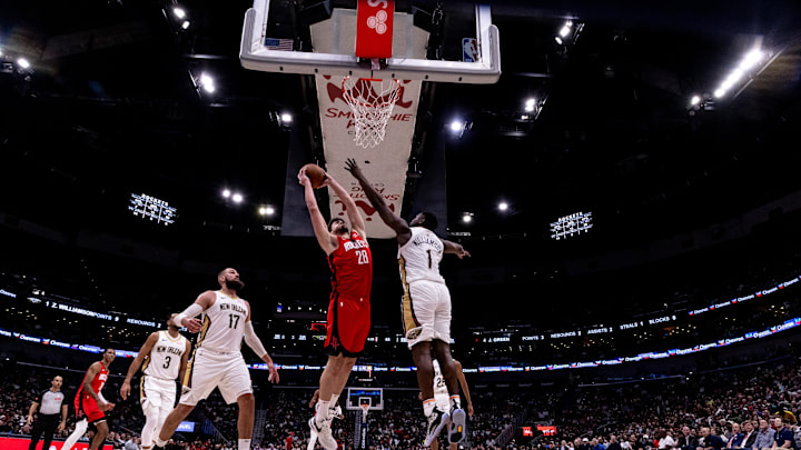 Feb 22, 2024; New Orleans, Louisiana, USA; Houston Rockets center Alperen Sengun (28) grabs a rebound against New Orleans Pelicans forward Zion Williamson (1) during the first half at Smoothie King Center. Mandatory Credit: Stephen Lew-Imagn Images Feb 22, 2024; New Orleans, Louisiana, USA; Houston Rockets center Alperen Sengun (28) grabs a rebound against New Orleans Pelicans forward Zion Williamson (1) during the first half at Smoothie King Center. Mandatory Credit: Stephen Lew-Imagn Images