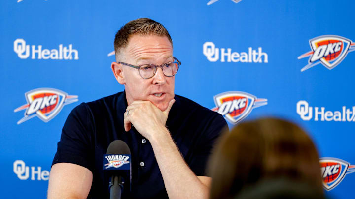 Sam Presti speaks to the press in Oklahoma City, on Tuesday, May 28, 2024.