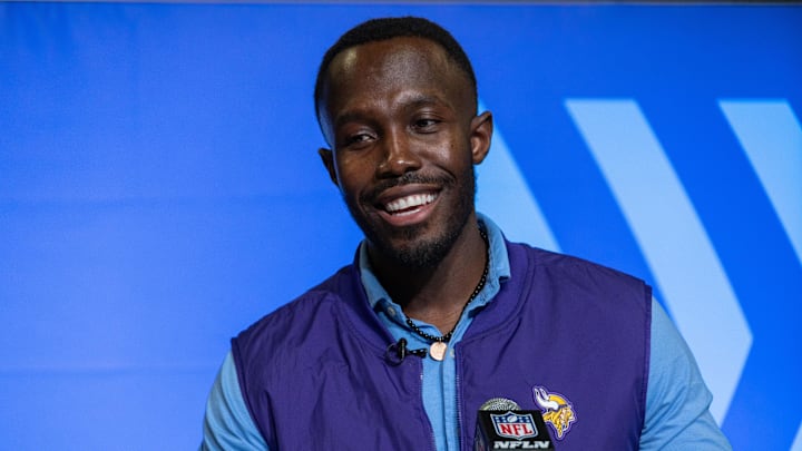 Feb 28, 2023; Indianapolis, IN, USA; Minnesota Vikings general manager Kwesi Adofo Mensah speaks to the press at the NFL Combine at Lucas Oil Stadium. Mandatory Credit: Trevor Ruszkowski-Imagn Images Feb 28, 2023; Indianapolis, IN, USA; Minnesota Vikings general manager Kwesi Adofo Mensah speaks to the press at the NFL Combine at Lucas Oil Stadium. Mandatory Credit: Trevor Ruszkowski-Imagn Images