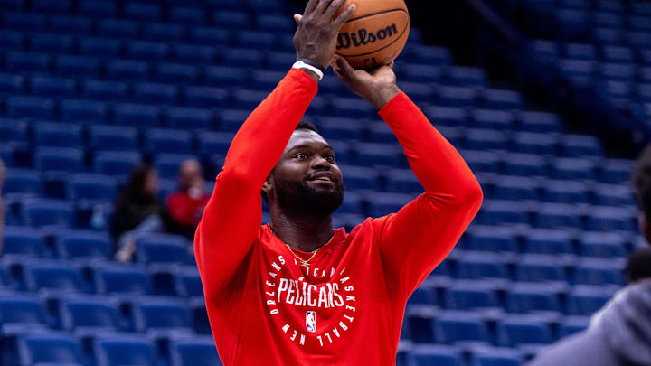 Nov 3, 2024; New Orleans, Louisiana, USA;  New Orleans Pelicans forward Zion Williamson (1) during warmups before the game against the Atlanta Hawks at Smoothie King Center. Mandatory Credit: Stephen Lew-Imagn Images