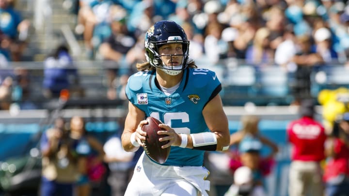 Oct 15, 2023; Jacksonville, Florida, USA; Jacksonville Jaguars quarterback Trevor Lawrence (16) makes a throw against the Indianapolis Colts during the first quarter at EverBank Stadium. Mandatory Credit: Morgan Tencza-USA TODAY Sports