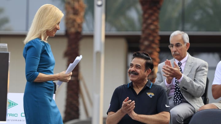Mayor Donna Deegan and Jacksonville Jaguars owner Shad Khan during an event in July 2023.