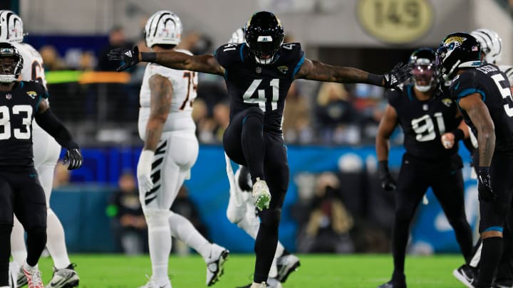 Jacksonville Jaguars linebacker Josh Allen (41) celebrates a sack during the first quarter of a regular season NFL football matchup Monday, Dec. 4, 2023 at EverBank Stadium in Jacksonville, Fla. The Cincinnati Bengals defeated the Jacksonville Jaguars 34-31 in overtime. [Corey Perrine/Florida Times-Union]