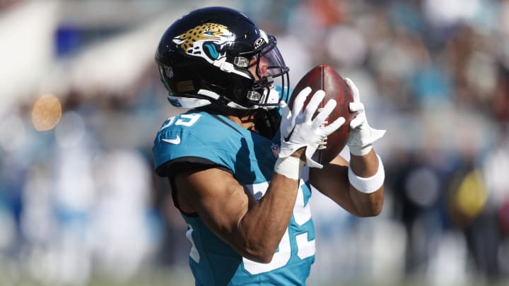 Dec 31, 2023; Jacksonville, Florida, USA; Jacksonville Jaguars wide receiver Jamal Agnew (39) catches a pass against the Carolina Panthers during the second quarter at EverBank Stadium. Mandatory Credit: Morgan Tencza-USA TODAY Sports