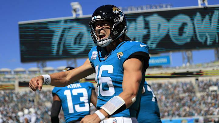 Jacksonville Jaguars quarterback Trevor Lawrence (16) celebrates the third touchdown for the Jaguars during the second quarter of an NFL football matchup Sunday, Oct. 15, 2023 at EverBank Stadium in Jacksonville, Fla.