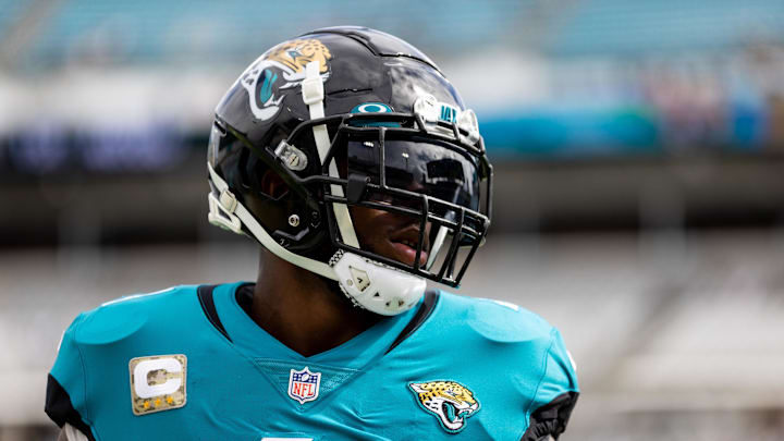 Nov 6, 2022; Jacksonville, Florida, USA; Jacksonville Jaguars linebacker Josh Allen (41) watches warmups before the game against the Las Vegas Raiders at TIAA Bank Field. Mandatory Credit: Matt Pendleton-Imagn Images