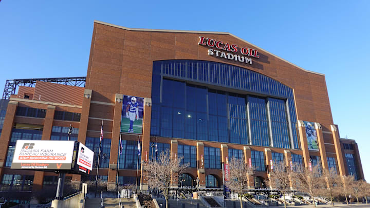 Mar 2, 2025; Indianapolis, IN, USA; A general overall view of Lucas Oil Stadium, the home of the Indianapolis Colts and site of the 2025 NFL Scouting Combine. Mandatory Credit: Kirby Lee-Imagn Images