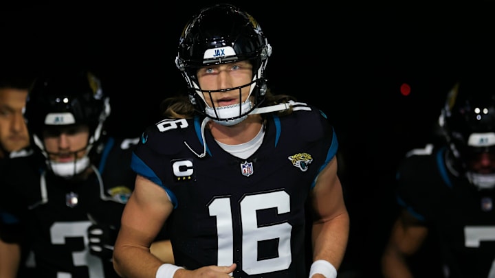 Jacksonville Jaguars quarterback Trevor Lawrence (16) leads his team onto the field before a regular season NFL football matchup Monday, Dec. 4, 2023 at EverBank Stadium in Jacksonville, Fla. The Cincinnati Bengals defeated the Jacksonville Jaguars 34-31 in overtime. [Corey Perrine/Florida Times-Union]