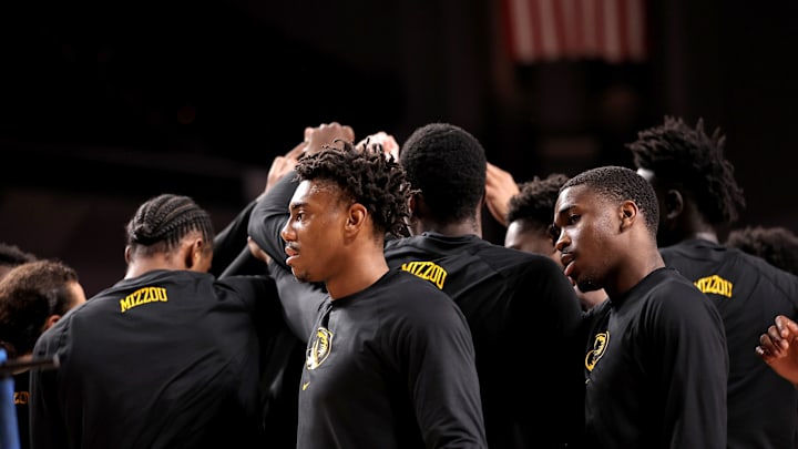 Jan 11, 2023; College Station, Texas, USA; The Missouri Tigers huddle together prior to the game against the Texas A&M Aggies at Reed Arena. Mandatory Credit: Erik Williams-Imagn Images Jan 11, 2023; College Station, Texas, USA; The Missouri Tigers huddle together prior to the game against the Texas A&M Aggies at Reed Arena. Mandatory Credit: Erik Williams-Imagn Images