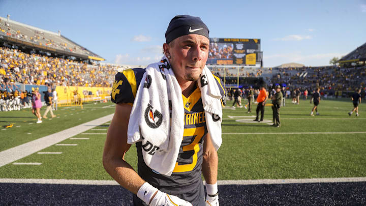 Sep 21, 2024; Morgantown, West Virginia, USA; West Virginia Mountaineers wide receiver Hudson Clement (3) celebrates after defeating the Kansas Jayhawks at Mountaineer Field at Milan Puskar Stadium. Mandatory Credit: Ben Queen-Imagn Images