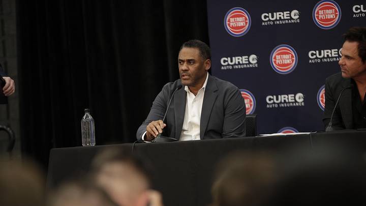 Jun 13, 2023; Detroit, MI, USA; Troy Weaver general manager of the Detroit Pistons addresses the Jun 13, 2023; Detroit, MI, USA; Troy Weaver general manager of the Detroit Pistons addresses the