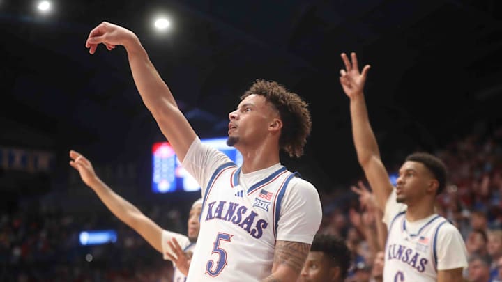 Kansas Jayhawks guard Zeke Mayo (5) looks to score a three-pointer against Washburn in the second half of the game inside Allen Fieldhouse Tuesday, Oct. 29, 2024.