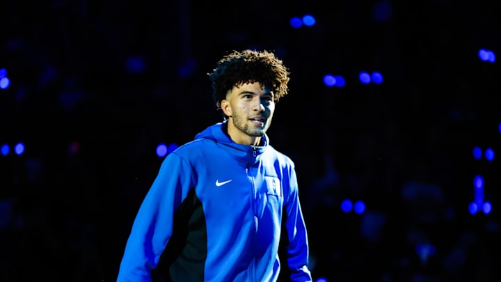 Oct 3, 2025; Durham, NC, USA;  Duke Blue Devils forward Cameron Boozer (12) is introduced during player introductions at the Countdown to Craziness at the Cameron Indoor Stadium. Mandatory Credit: Jaylynn Nash-Imagn Images