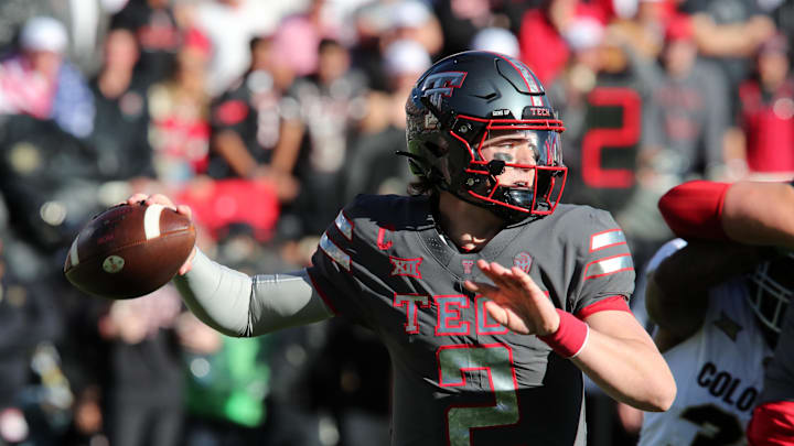 Nov 9, 2024; Lubbock, Texas, USA; Texas Tech Red Raiders quarterback Behren Morton (2) passes in the first half against the Colorado Buffalos at Jones AT&T Stadium and Cody Campbell Field. Mandatory Credit: Michael C. Johnson-Imagn Images