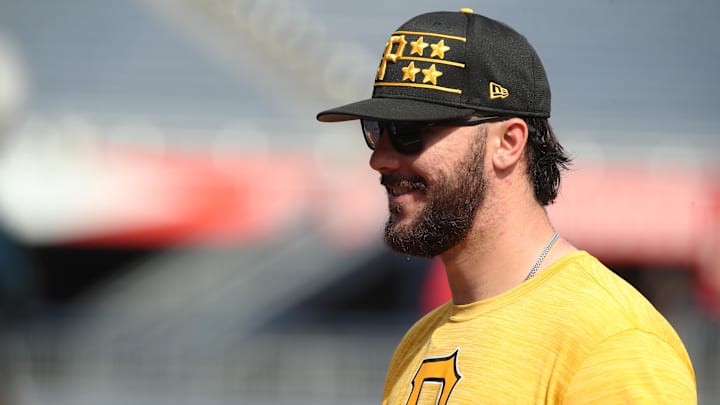 Apr 29, 2025; Pittsburgh, Pennsylvania, USA; Pittsburgh Pirates pitcher Paul Skenes (30) smiles on the field before the game against the Chicago Cubs at PNC Park. Mandatory Credit: Charles LeClaire-Imagn Images