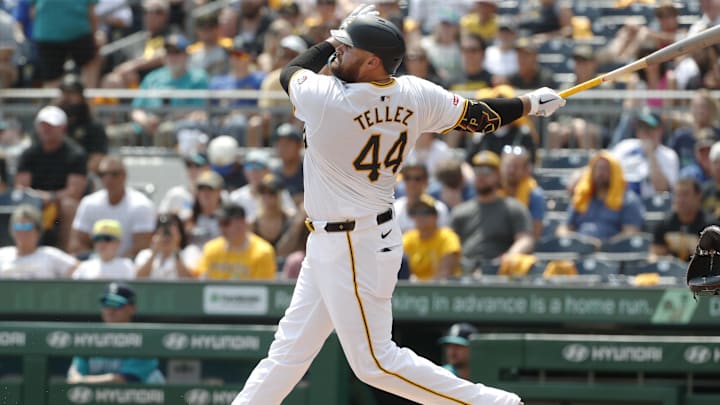 Aug 17, 2024; Pittsburgh, Pennsylvania, USA;  Pittsburgh Pirates first baseman Rowdy Tellez (44) hits a two-run home run against the Seattle Mariners during the fourth inning at PNC Park. Mandatory Credit: Charles LeClaire-Imagn Images