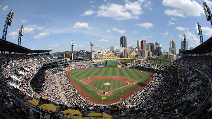 Jun 21, 2025; Pittsburgh, Pennsylvania, USA;  General view as the Texas Rangers bat against the Pittsburgh Pirates during the third inning at PNC Park. Mandatory Credit: Charles LeClaire-Imagn Images