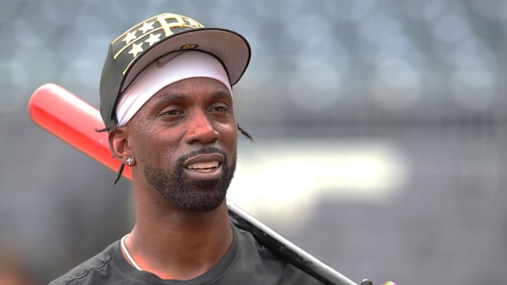 Jul 18, 2025; Pittsburgh, Pennsylvania, USA;  Pittsburgh Pirates designated hitter Andrew McCutchen (22) at the batting cage before the game against the Chicago White Sox at PNC Park. Mandatory Credit: Charles LeClaire-Imagn Images