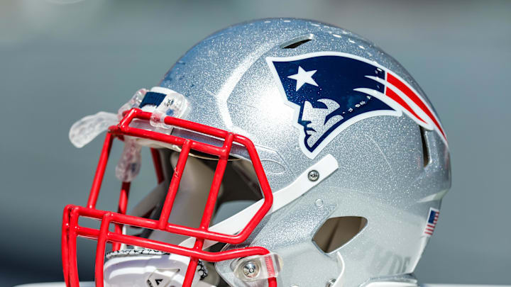 Sep 26, 2021; Foxborough, Massachusetts, USA; New England Patriots helmet during the game against New Orleans Saints during the first half at Gillette Stadium. Mandatory Credit: Stephen Lew-Imagn Images Sep 26, 2021; Foxborough, Massachusetts, USA; New England Patriots helmet during the game against New Orleans Saints during the first half at Gillette Stadium. Mandatory Credit: Stephen Lew-Imagn Images
