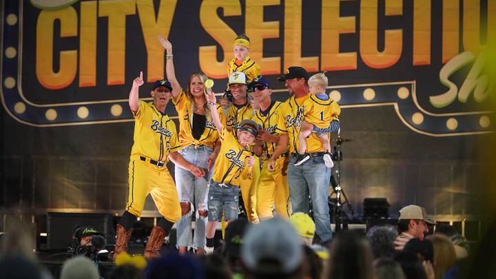 Hugh Harvey, a young cancer survivor, announces Iowa as a city where the Savannah Bananas will play during the Banana Ball City Selection Show on Thursday, October 9, 2025 at Historic Grayson Stadium.
