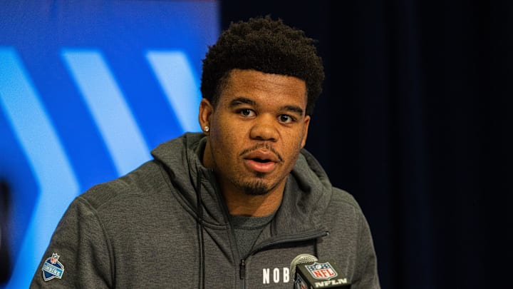 Feb 28, 2024; Indianapolis, IN, USA; Penn State defensive lineman Chop Robinson (DL45) talks to the