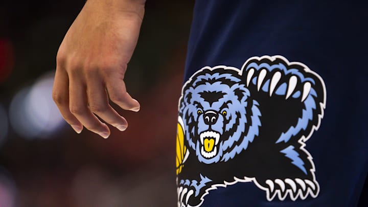 Feb 10, 2022; Detroit, Michigan, USA; The hand and shorts logo of Memphis Grizzlies forward Kyle Anderson.